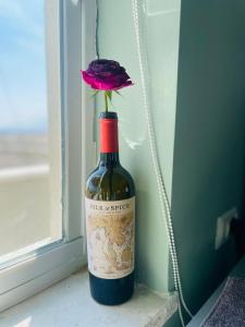 Ovnatבין הר ובין ים的一瓶葡萄酒,内含鲜花
