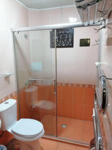 布哈拉Sarbon Plaza Hotel的一间带卫生间和玻璃淋浴间的浴室