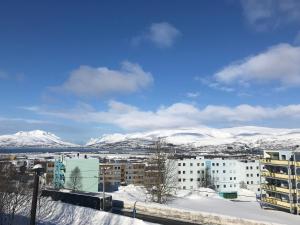 特罗姆瑟Your home away from home, apartment 2的享有雪覆盖的山脉的城市美景