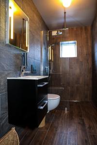 阿克雷里Akureyri Hostel的一间带水槽、卫生间和镜子的浴室