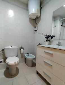 博西Apartamento Plaza Ballo的白色的浴室设有卫生间和水槽。