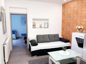 斯拉沃尼亚布罗德Apartment Centar的带沙发和砖墙的客厅