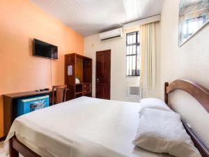 福塔莱萨Hotel Netuno Beach的一间卧室配有一张床、一台电视和一台电视。
