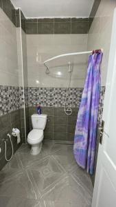 托泽尔Dar elrayen的浴室配有卫生间和紫色的浴帘