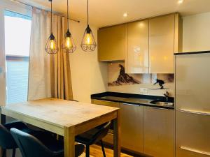 采尔马特Cosy Modern Apartment with balcony and Matterhorn View的厨房配有木桌和冰箱。