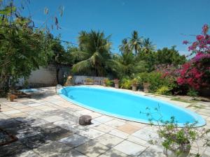 卡斯卡韦尔Casa Laranja的一座种有树木和鲜花的庭院内的游泳池