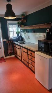 泽尔赫姆Gastenhuisje的厨房铺有橙色地板,配有台面