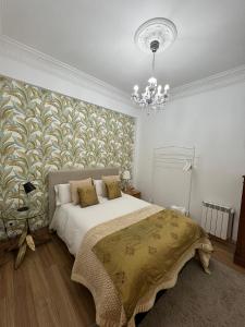 拉科鲁尼亚Céntrico Apartamento的一间卧室配有一张大床和一个吊灯。