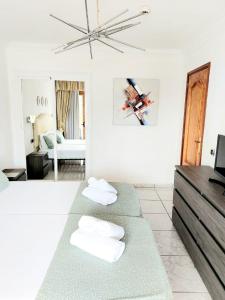 阿德耶FIRST LINE Los Geranios Ocean View Apartment Air Conditioned 50 m from La Pinta beach的一间带两张床的卧室和一间客厅