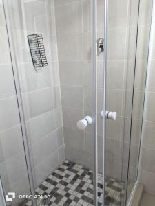 鲁德普特49 on Bristow的玻璃门淋浴,铺有黑白地板