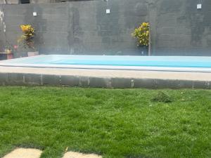 塞拉Casa do vovô caixa的绿色草地庭院中的游泳池