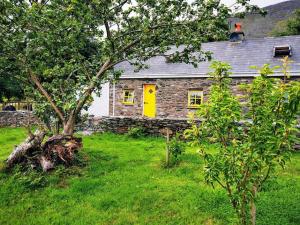 凯尔西温Cottage Skelligs Coast, Ring of Kerry的院子里的石头房子,有黄色的门