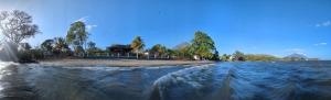 里瓦斯Hotel Playa Santa Martha的享有树木繁茂的海滩和房屋的景致