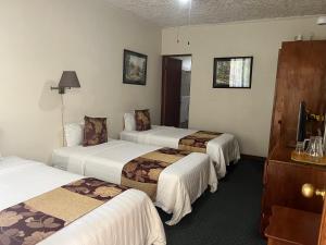 圣何塞Soluxe el sesteo的酒店客房设有三张床和电视。