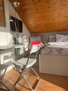 俄斯特拉发Podkrovní apartmán s balkónem的卧室配有白色椅子和1张床