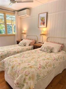 Black MountainNoosa Hinterland Escape的一间卧室设有两张床和两张带台灯的桌子。
