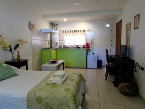 门多萨Departamento Encantador monoambiente Domaine Laborde I的一间卧室配有一张床,厨房配有绿色橱柜