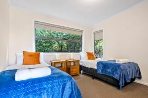 DoverOcean View Cottages in Dover, Far South Tasmania的一间卧室设有两张床和窗户。