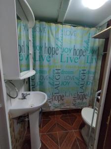 伊基克CASA EN LOS VERDES的浴室设有淋浴帘,并有情人之意