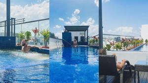 新加坡Santa Grand Hotel East Coast a NuVe Group Collection的游泳池三张照片的拼合