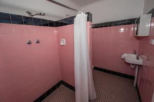 加尔贡The Centennial Hotel Gulgong的粉红色的浴室设有淋浴和水槽