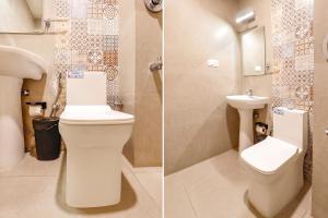 班加罗尔FabHotel Park Inn Indiranagar的浴室的两张照片,配有卫生间和水槽