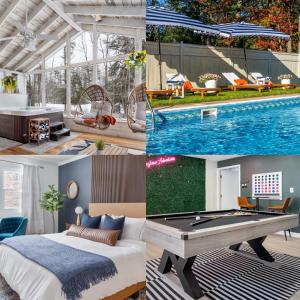 GansevoortGame Room+Hot Tub+Pool+King Beds+More的卧室和游泳池的照片拼合在一起