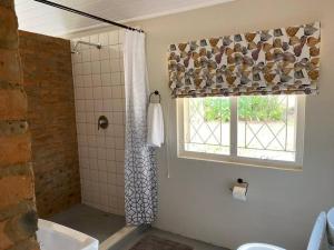 霍维克Gartmore Guest Farm的带淋浴帘和窗户的浴室