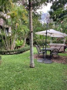 美翰VillaMilla deluxe en-suite room的棕榈树旁边的伞下桌椅