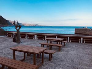 东伊豆町Izu Hokkawa Seaside Guesthouse 伊豆北川の家的一组长椅,坐在海边