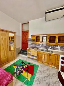 赫尔格达Palma de Meritee villa 2 apartment 4 village veiw的厨房配有木制橱柜和绿色地毯。