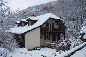 阿克斯莱泰尔姆Chalet d’Ax Pyrénées的屋顶上积雪的房子