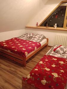 拉伊恰Domek u Sołtyska的一间卧室设有两张床和窗户。
