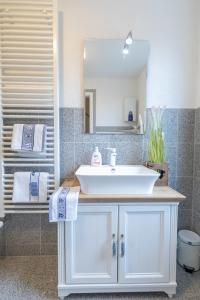普鲁滕Ferienhaus Kranich的浴室设有白色水槽和镜子
