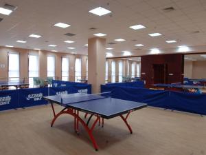 双流Sichuan Tennis International Hotel Main Building的蓝色隔板的房间的乒乓球桌