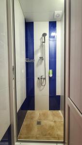 埃里温Capsula hotel的浴室设有蓝色和白色瓷砖淋浴。