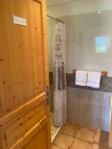 普罗皮亚克马斯德萨格兰蒂尔度假屋的带淋浴的浴室,架子上配有2条毛巾