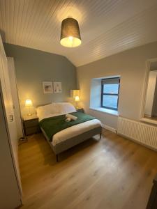 斯莱戈Newly Furnished 5 Bedroom Gem in Sligo的一间卧室配有一张床、两盏灯和一个窗户。
