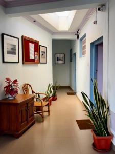 瓦尔恰Easy Living Guesthouse, Varca的走廊上设有桌椅和植物
