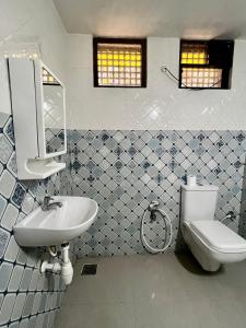 奥利姆Easy Living Guesthouse的一间带水槽、卫生间和镜子的浴室
