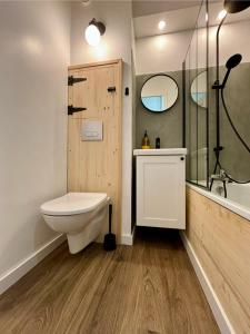 里苏尔L'ETERLOU, Studio Centre station的浴室配有卫生间、盥洗盆和淋浴。