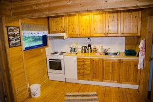 BeiarnSeterstue i Beiarn - Beiarn Lodge的厨房配有白色炉灶和木制橱柜。