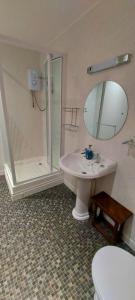 利斯卡德Sportsmans Valley Hotel的浴室配有卫生间、盥洗盆和淋浴。