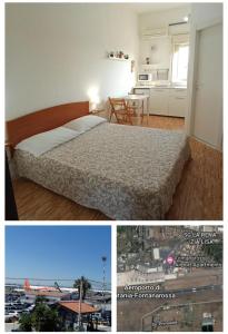 卡塔尼亚Fontanarossa Airport Apartment的一张床位和厨房的卧室两张图片