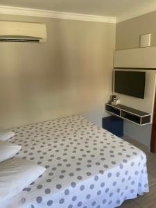 邦比尼亚斯Residencial Cecilia Cruz的一间卧室配有一张床和一台平面电视