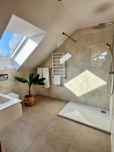 格丁尼亚Leo House的带淋浴和盥洗盆的浴室