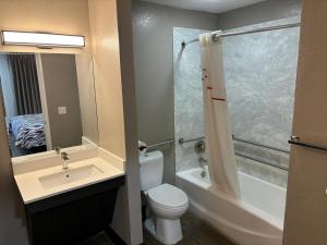怀尔德伍德Red Roof Inn Wildwood, FL - The Villages的浴室配有卫生间、盥洗盆和淋浴。