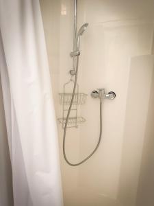 吕策尔弗吕Ferienhaus Spycher im Emmental的带淋浴和浴帘的浴室