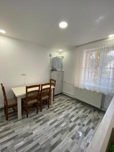 特尔古尼亚姆茨SorinaApartament的厨房配有桌椅和冰箱。