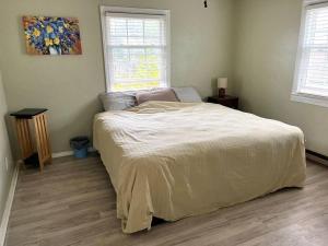 格林斯伯勒Sweet Sunny Summit House的一间卧室配有一张带白色棉被的床和两个窗户
